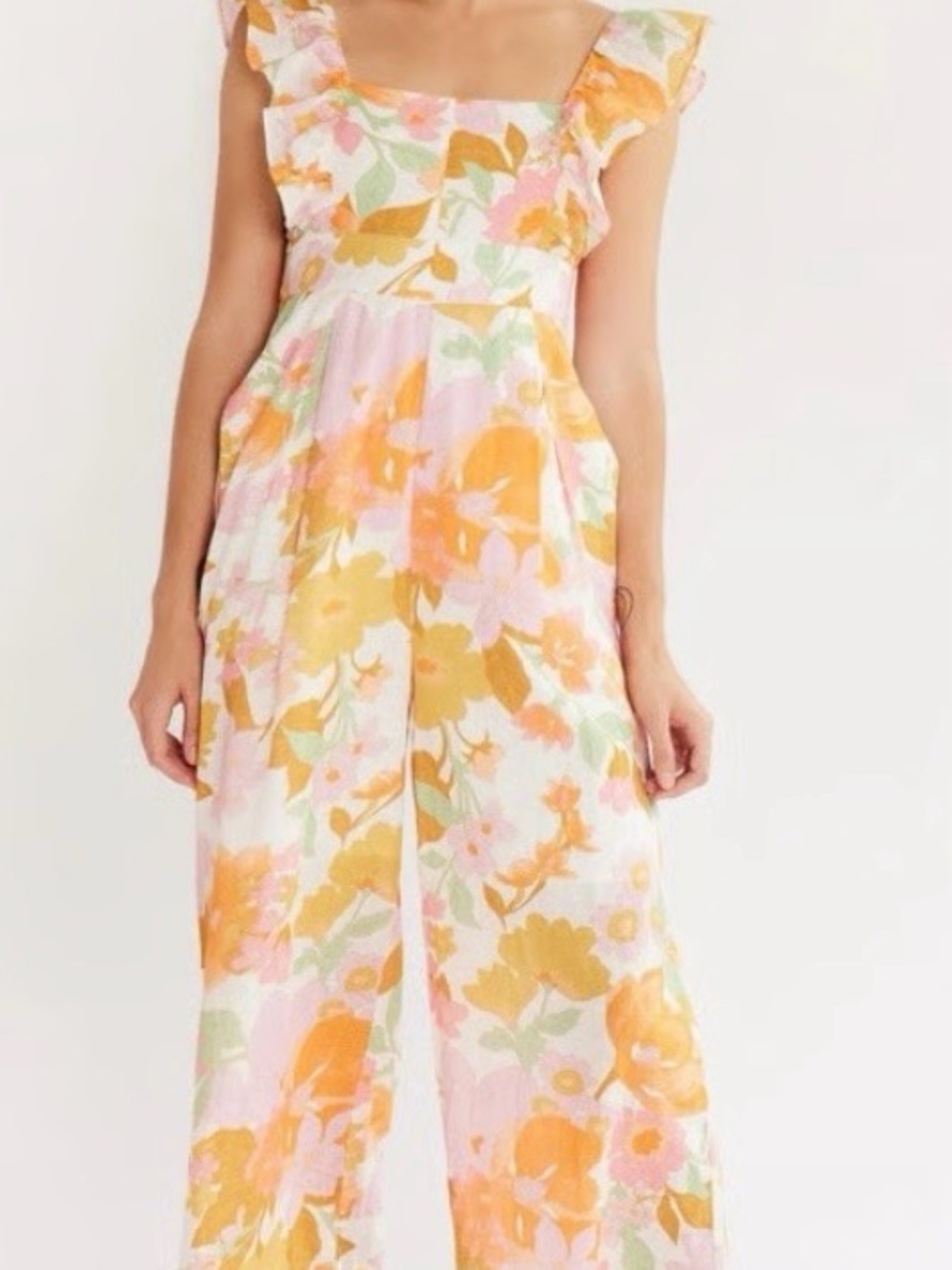 Millie Floral Ruffle-Strap Wide Leg Jumpsuit - Orange, Pink & Green
